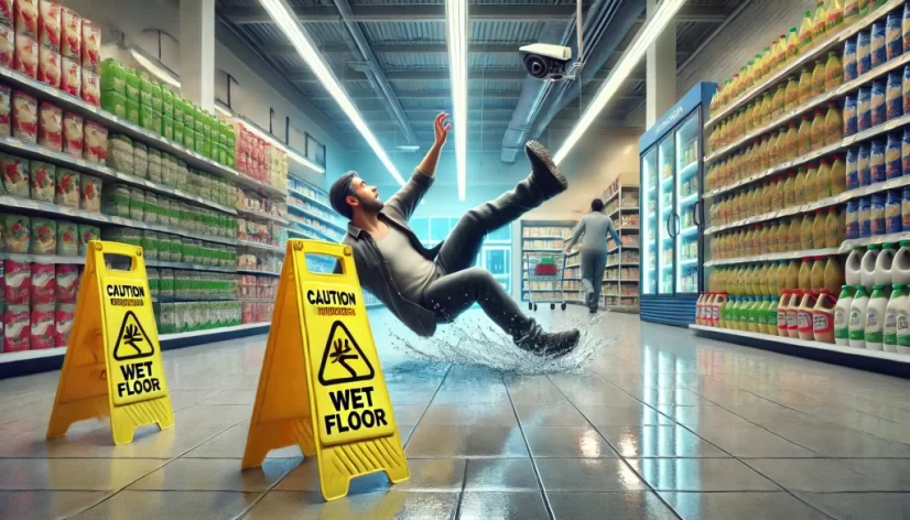 DALL·E 2025-02-11 16.57.11 - A realistic digital illustration of a slip-and-fall accident in a grocery store. A person wearing casual clothes is slipping on a wet floor near a 'Ca